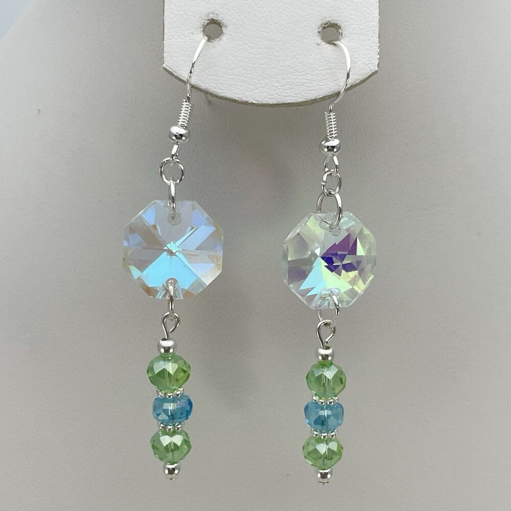 Silver White AB Green Blue Glass Beaded Dangle Earrings Unique